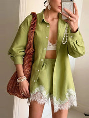 Celia | Tweedelige Satijnen Strand Set Dames - Overhemd en Shorts met Kanten Patchwork, Relaxed Fit