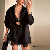 Celia | Tweedelige Satijnen Strand Set Dames - Overhemd en Shorts met Kanten Patchwork, Relaxed Fit