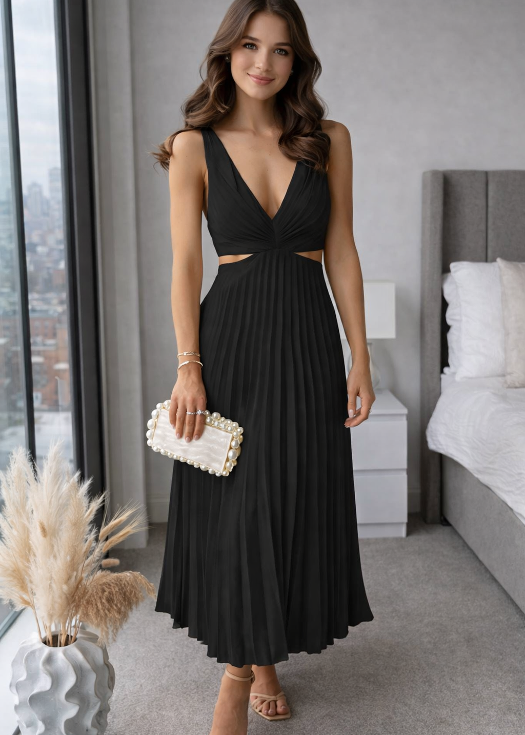 Sanne | Geplooide Midi Jurk - Elegant Design, Vloeiend en Veelzijdig