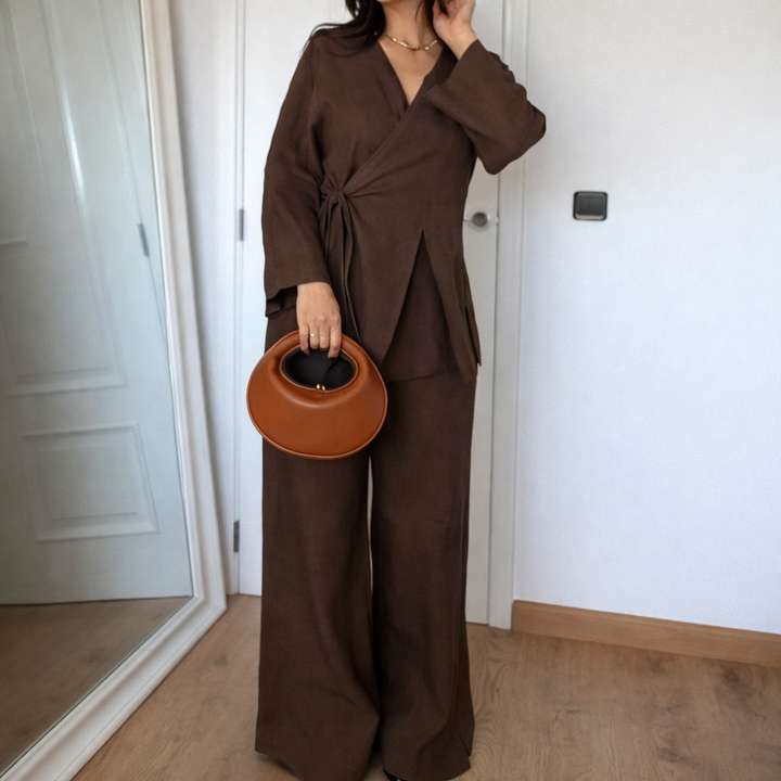 Eva | Dames tweedelige set wikkelblouse wijde broek