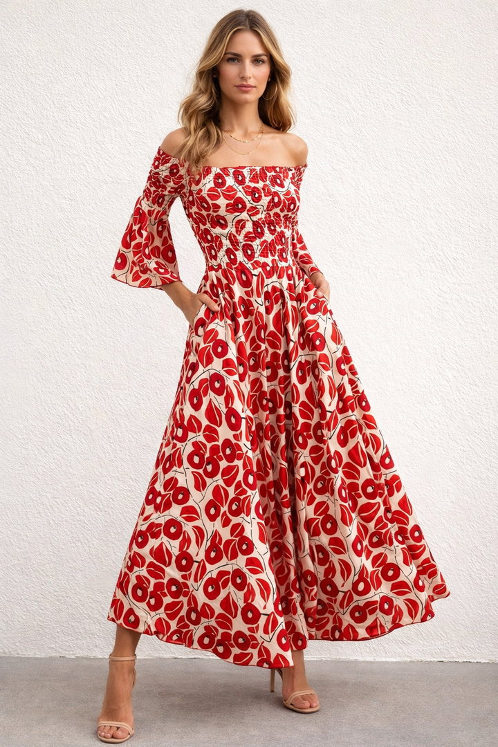 Malaya | Dames maxi jurk met off-shoulder lange mouw