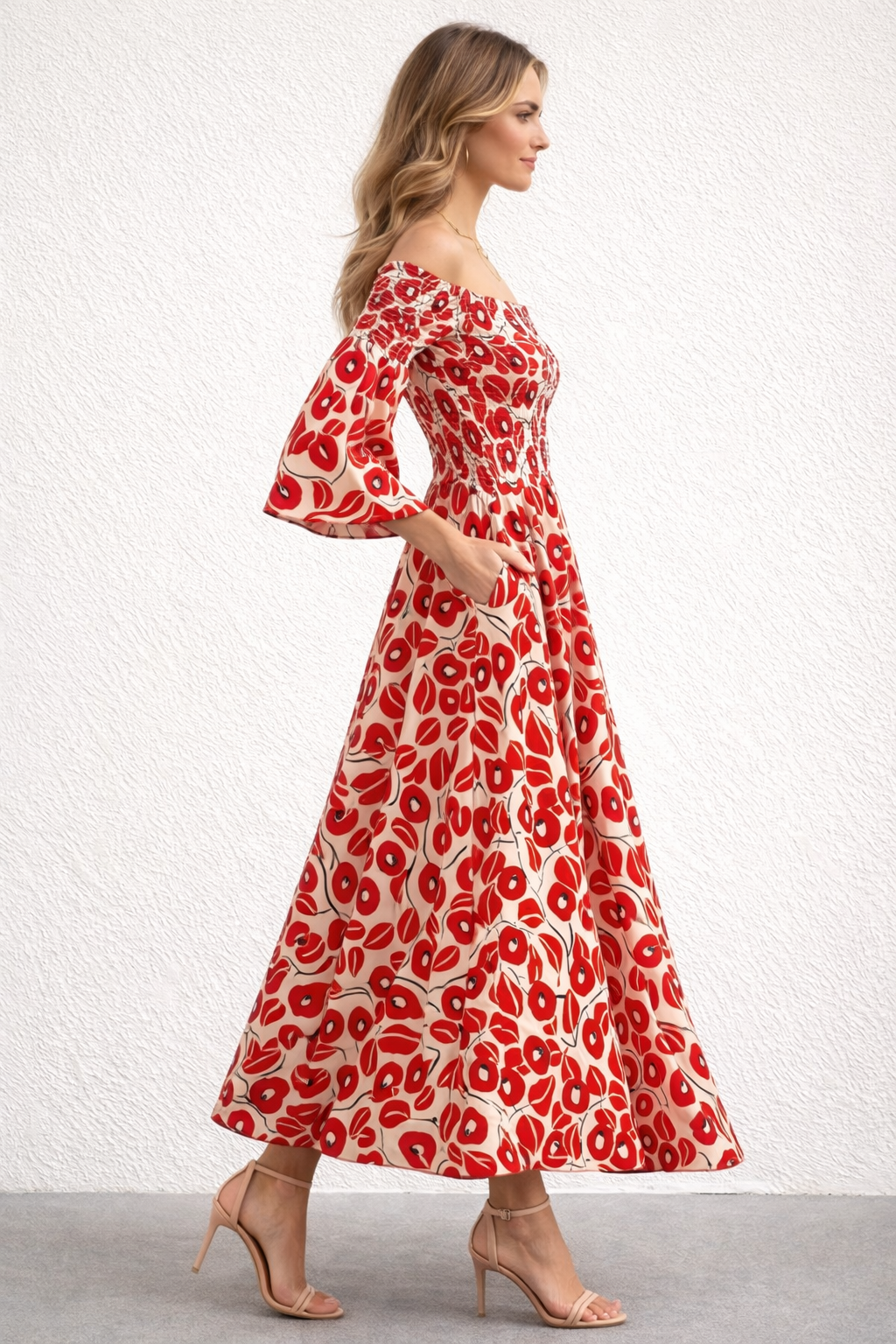Malaya | Dames maxi jurk met off-shoulder lange mouw