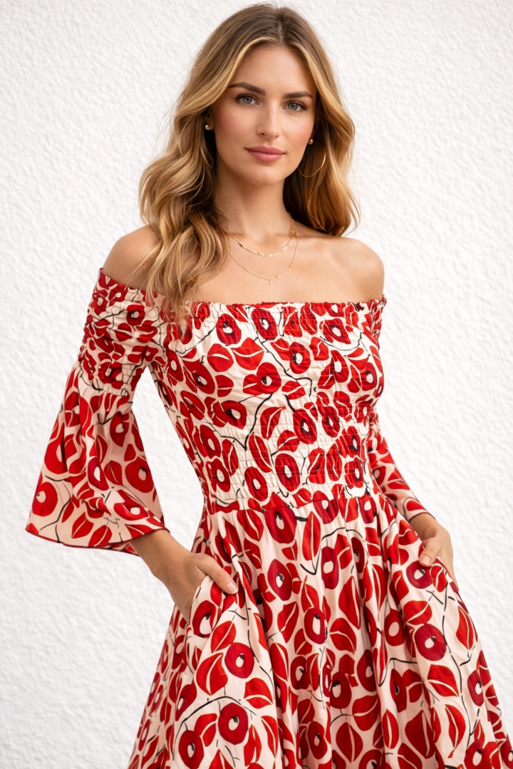 Malaya | Dames maxi jurk met off-shoulder lange mouw