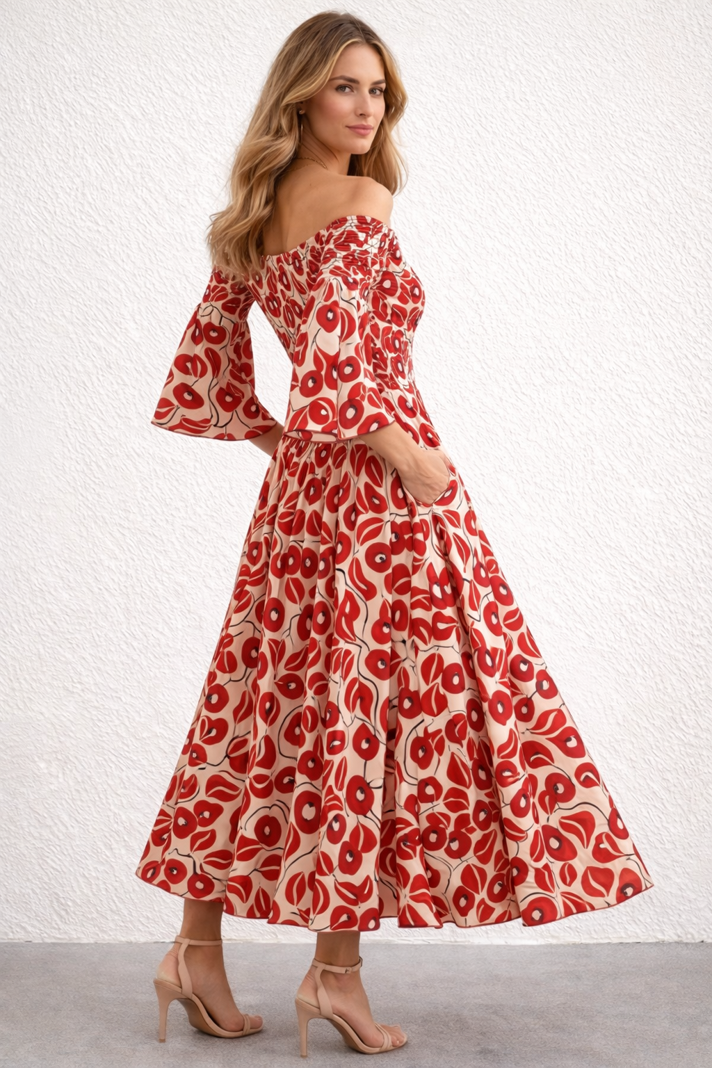 Malaya | Dames maxi jurk met off-shoulder lange mouw
