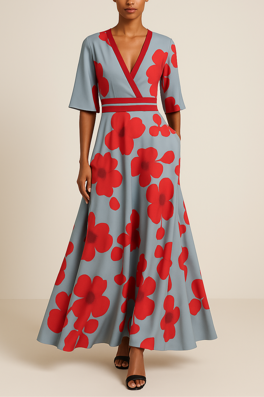 Elizabeth | Dames jurk maxi V-hals bloemenprint A-lijn
