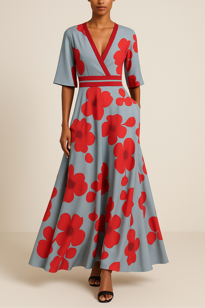 Elizabeth | Dames jurk maxi V-hals bloemenprint A-lijn