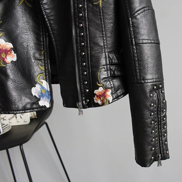 Hadley | Dames leren jas met borduursels en ritssluiting