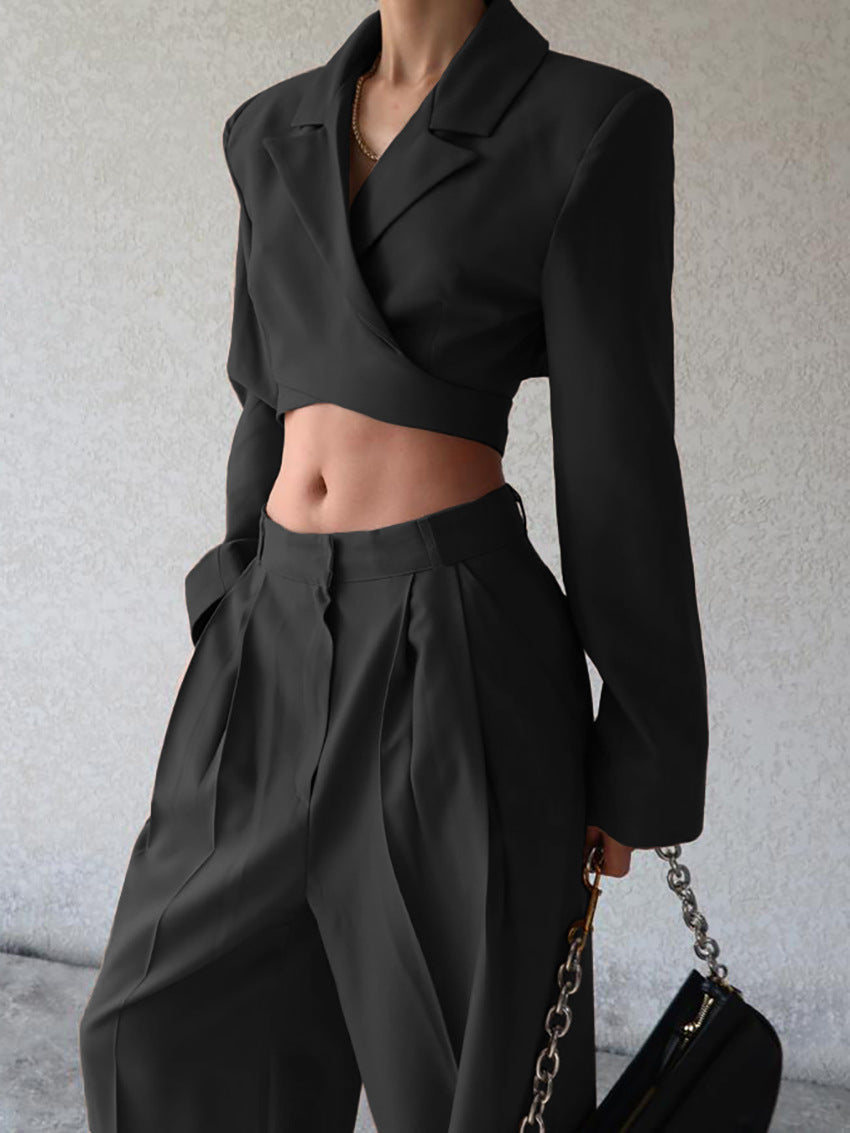 Sara | Dames tweedelige set met cropped-blazer wijde-broek