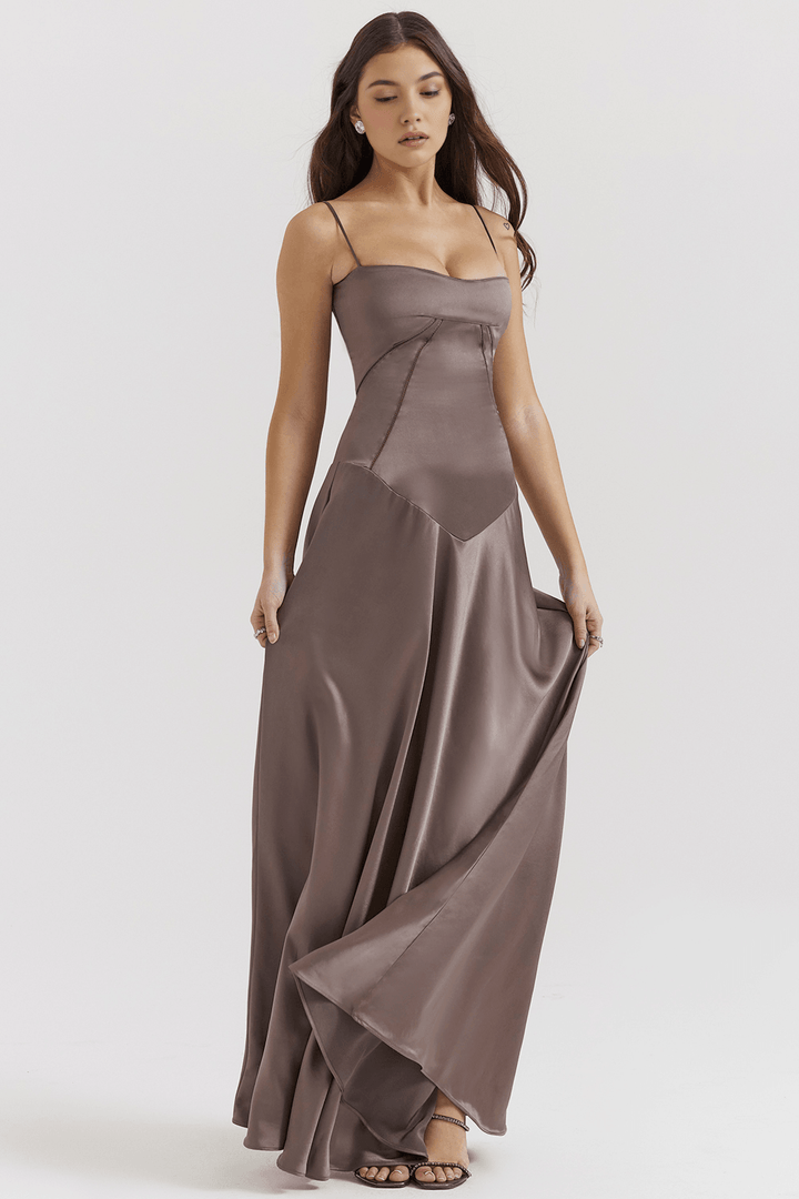 Olivia | Dames jurk maxi bustier strapless satijn look