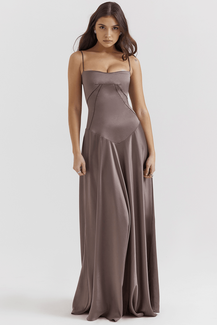 Olivia | Dames jurk maxi bustier strapless satijn look