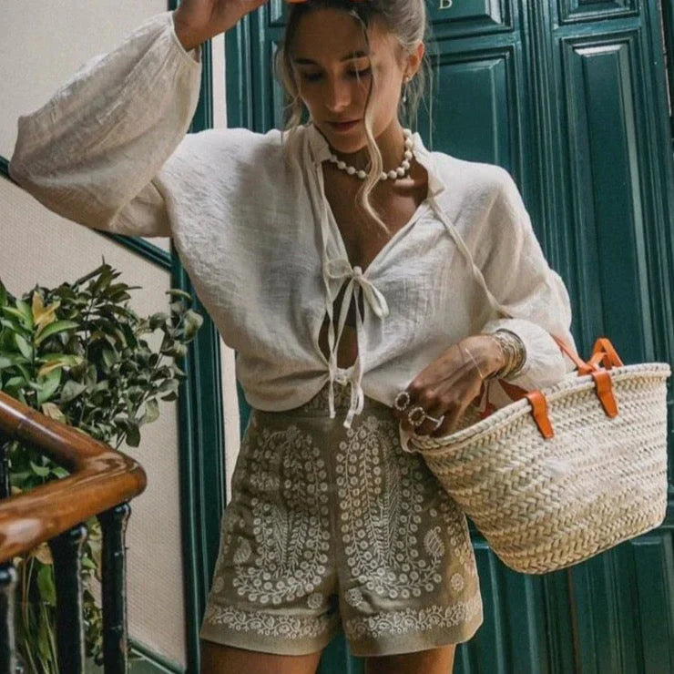 Jade | Dames Shorts met Hoge Taille Borduursel Patroon