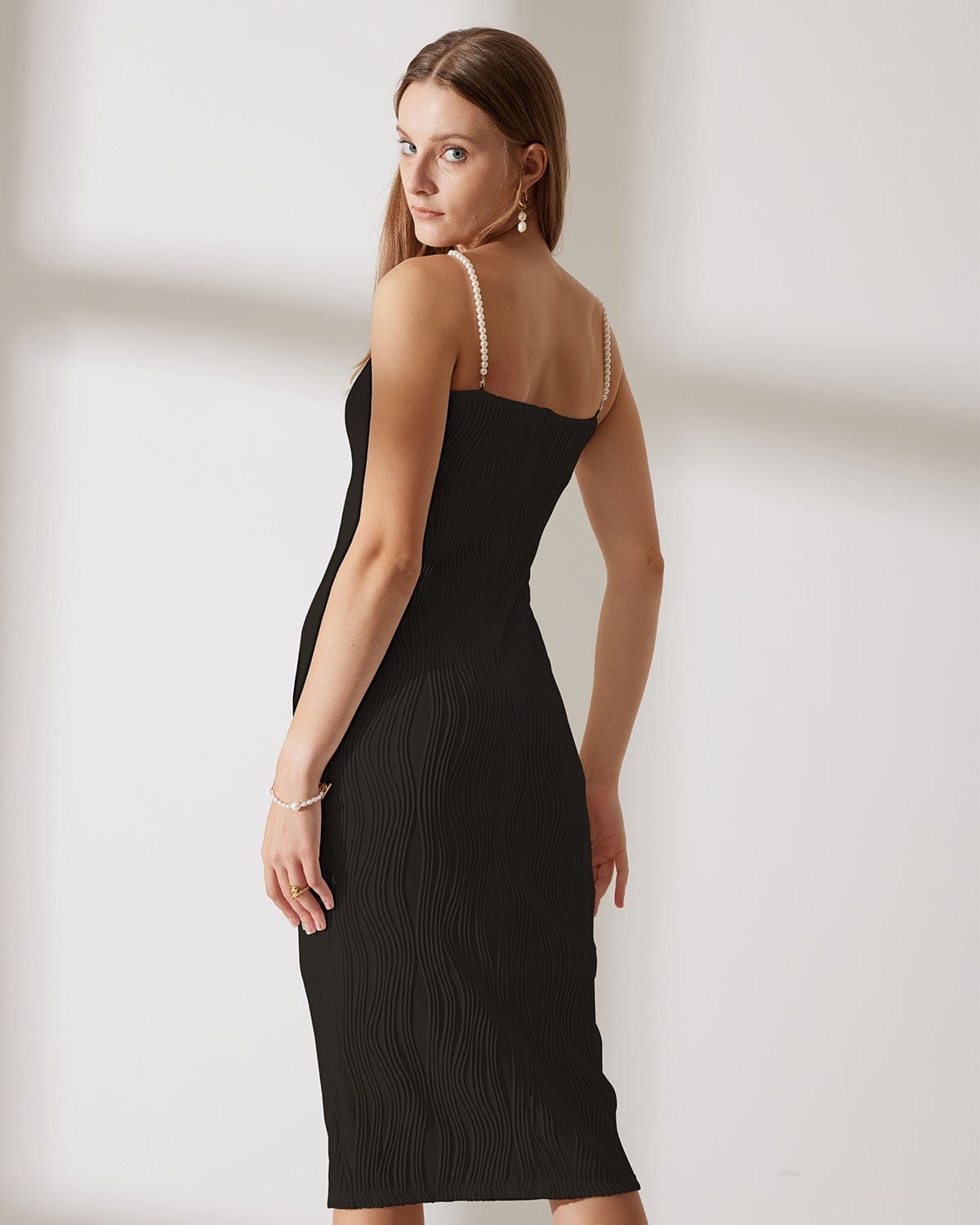 Demi | Elegante Midi Jurk Dames - Rib Structuur met Parelbandjes