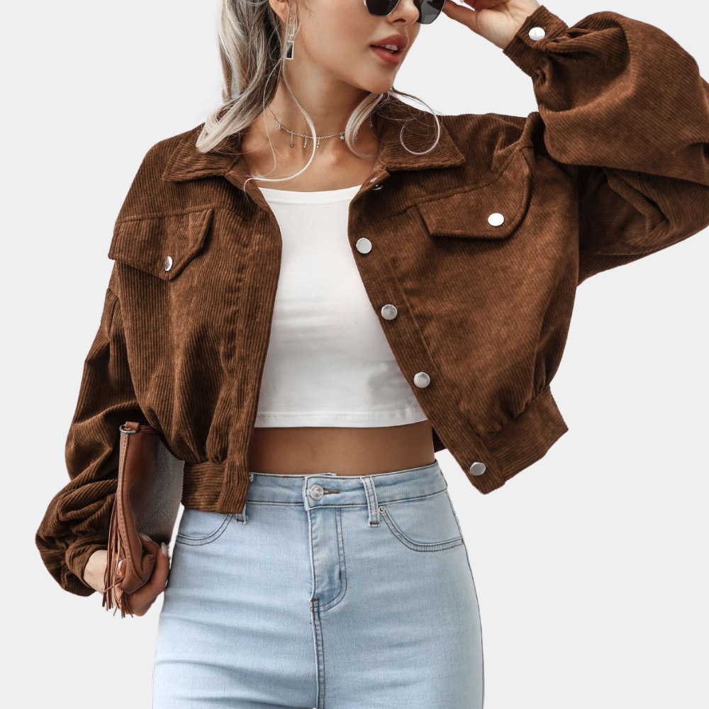 Deni | Stijlvolle Korte Jas van Ribstof Dames - Lanter Mouwen, Comfortabel en Trendy