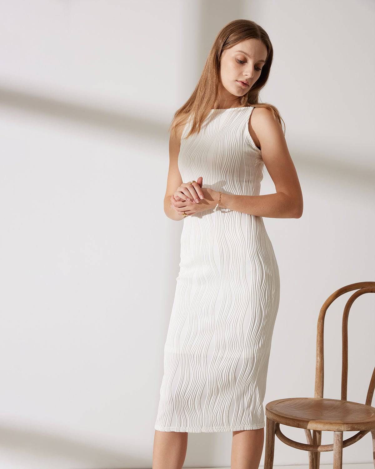 Diana | Elegante Midi-Jurk Dames - Ribstructuur met Parelbandjes