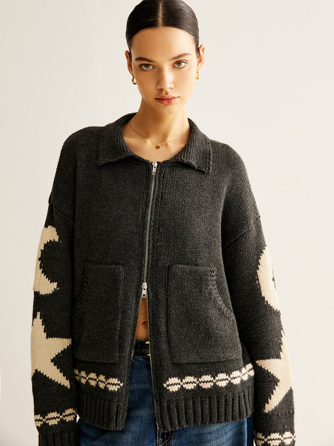 Wren | Dames cardigan met jacquard en ritssluiting en zakken