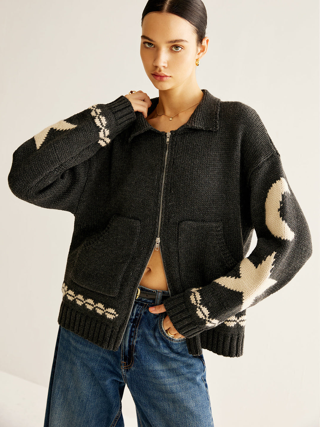 Wren | Dames cardigan met jacquard en ritssluiting en zakken