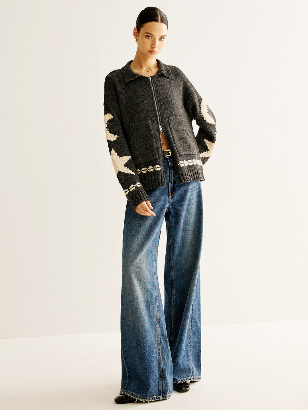 Wren | Dames cardigan met jacquard en ritssluiting en zakken
