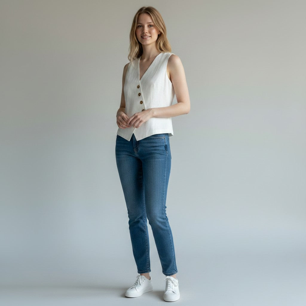 Dysa | Dames Linnen Katoen Mouwloos Vest – Gilet met Knopen