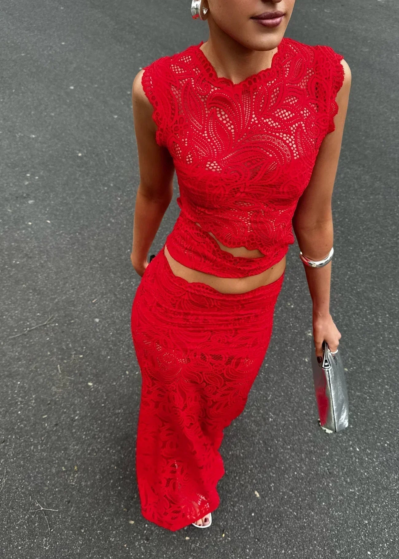 Dudu | Elegante Tweedelige Set van Kant voor Dames - Mouwloze Top & Split Rok