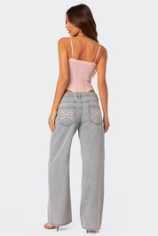 Dahna | Denim Jeans met Wijde Pijpen en Roze Strikdetails