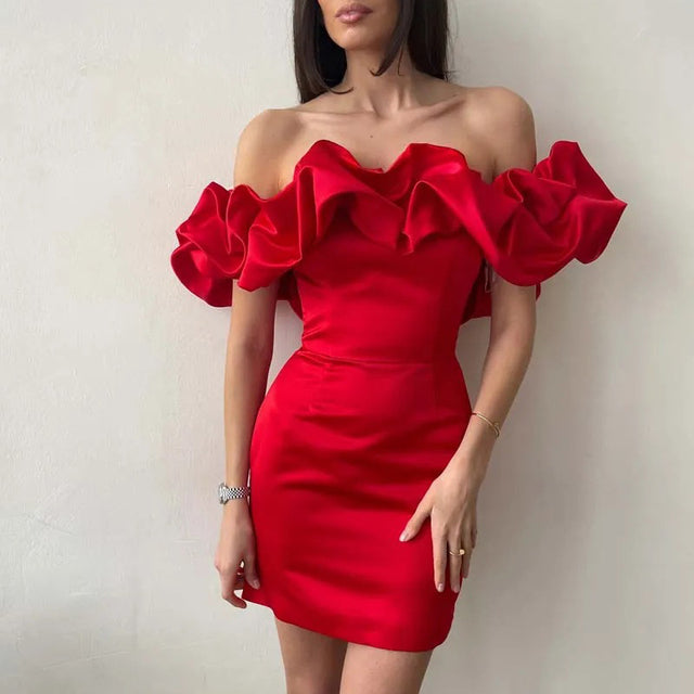 Amora | Dames cocktailjurk met off-shoulder en ruches