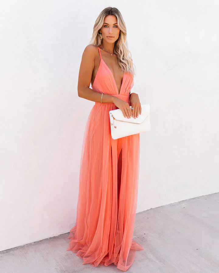 Mila | Dames jurk maxi open rug kruislings bandjes