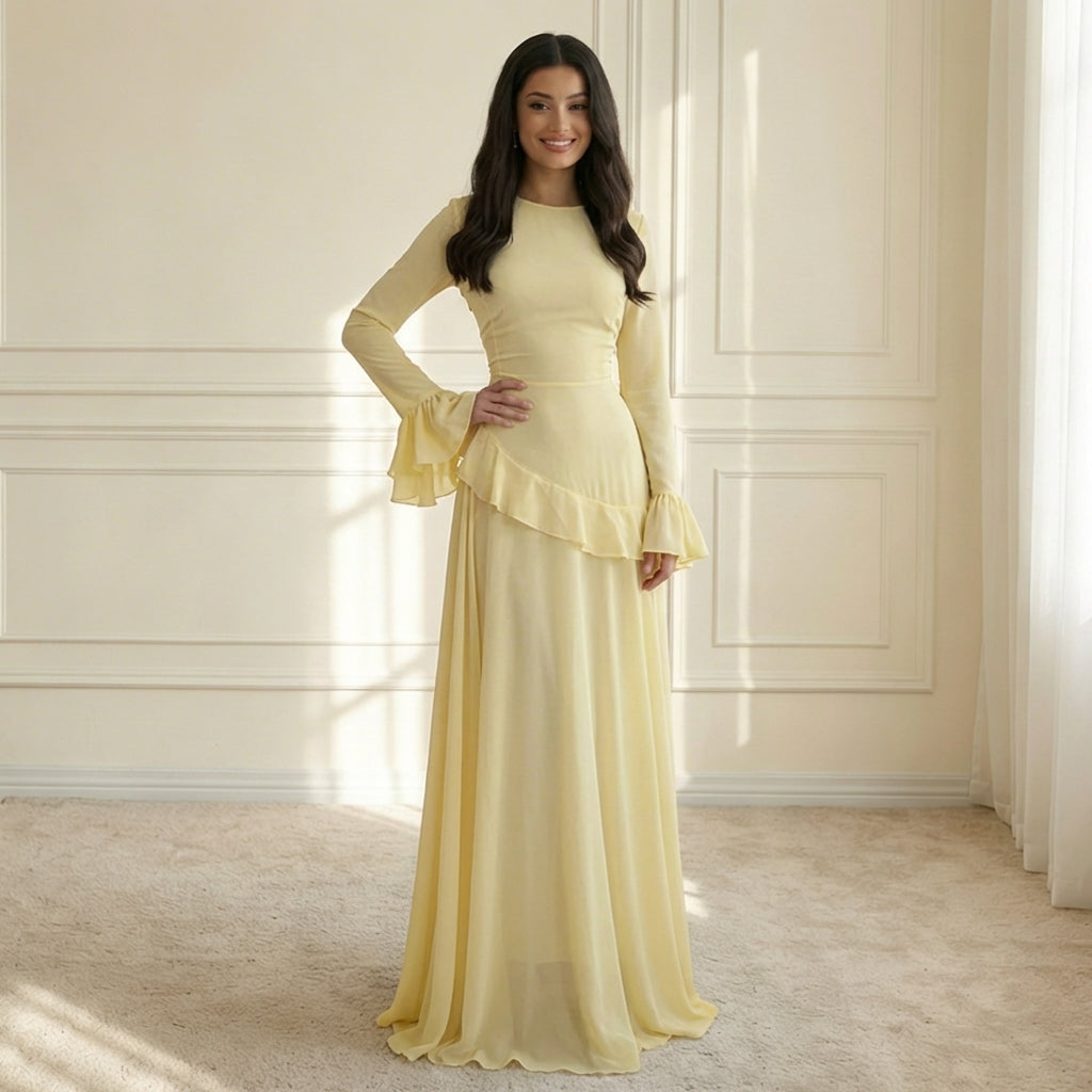 Elysia | Verfijnde Maxi Jurk - Vloeiende Stof met Ruffle Details, Elegante Pasvorm