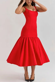Eveline | Rode Midi Jurk Dames - Hoogwaardige Stof met Ruches, Elegant Jurkje