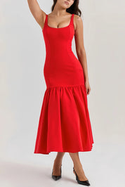 Eveline | Rode Midi Jurk Dames - Hoogwaardige Stof met Ruches, Elegant Jurkje