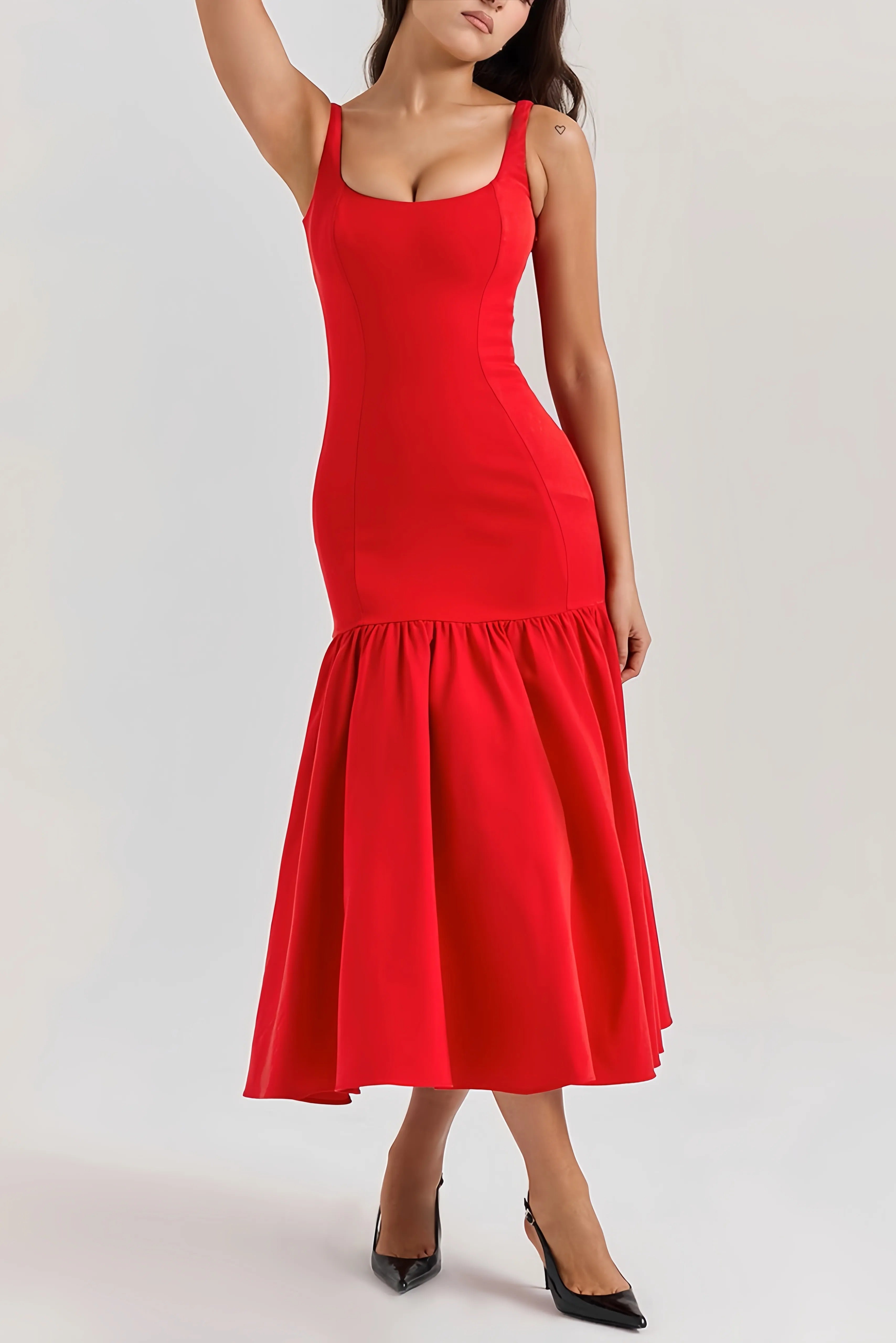 Eveline | Rode Midi Jurk Dames - Hoogwaardige Stof met Ruches, Elegant Jurkje
