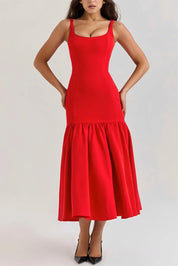 Eveline | Rode Midi Jurk Dames - Hoogwaardige Stof met Ruches, Elegant Jurkje