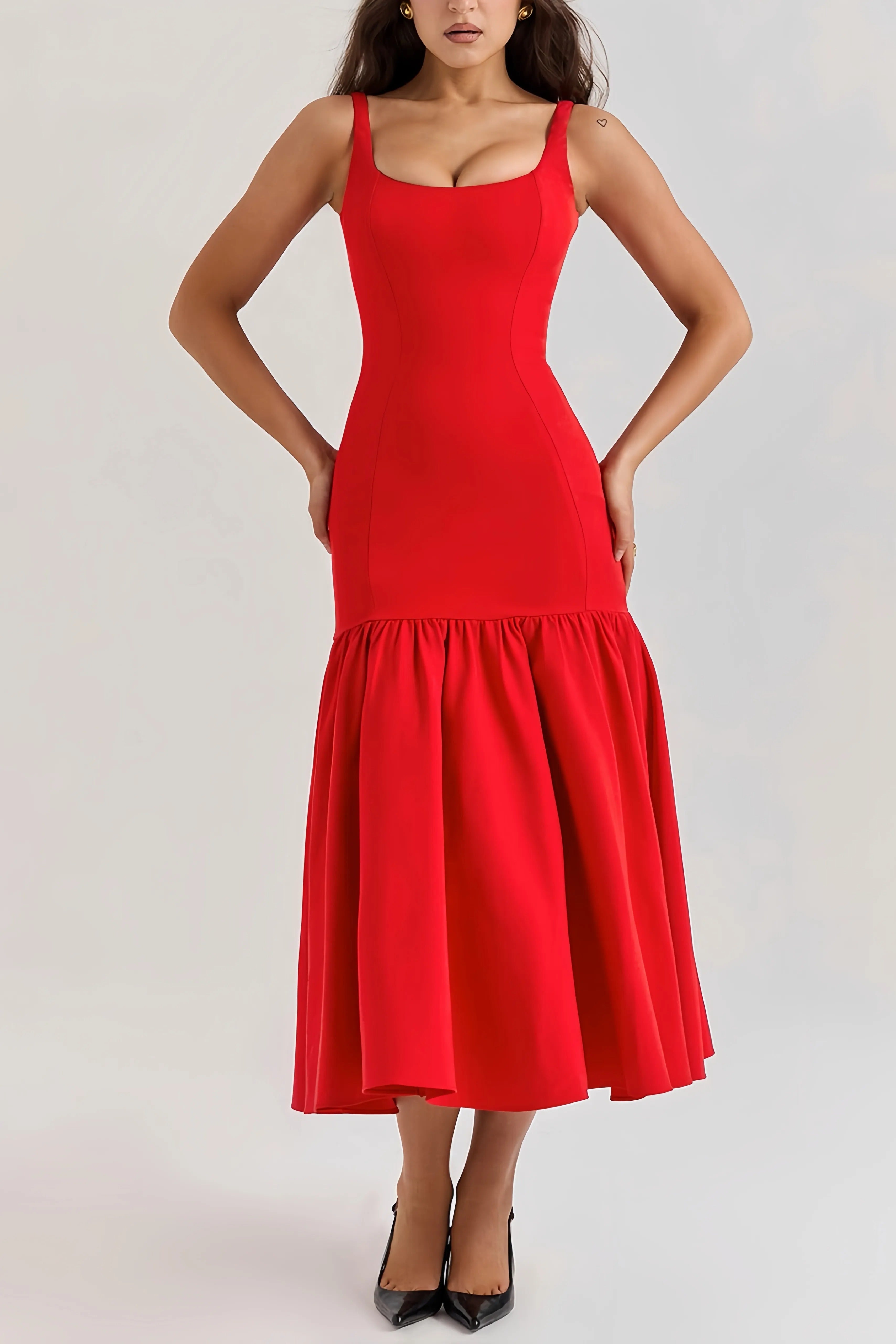 Eveline | Rode Midi Jurk Dames - Hoogwaardige Stof met Ruches, Elegant Jurkje