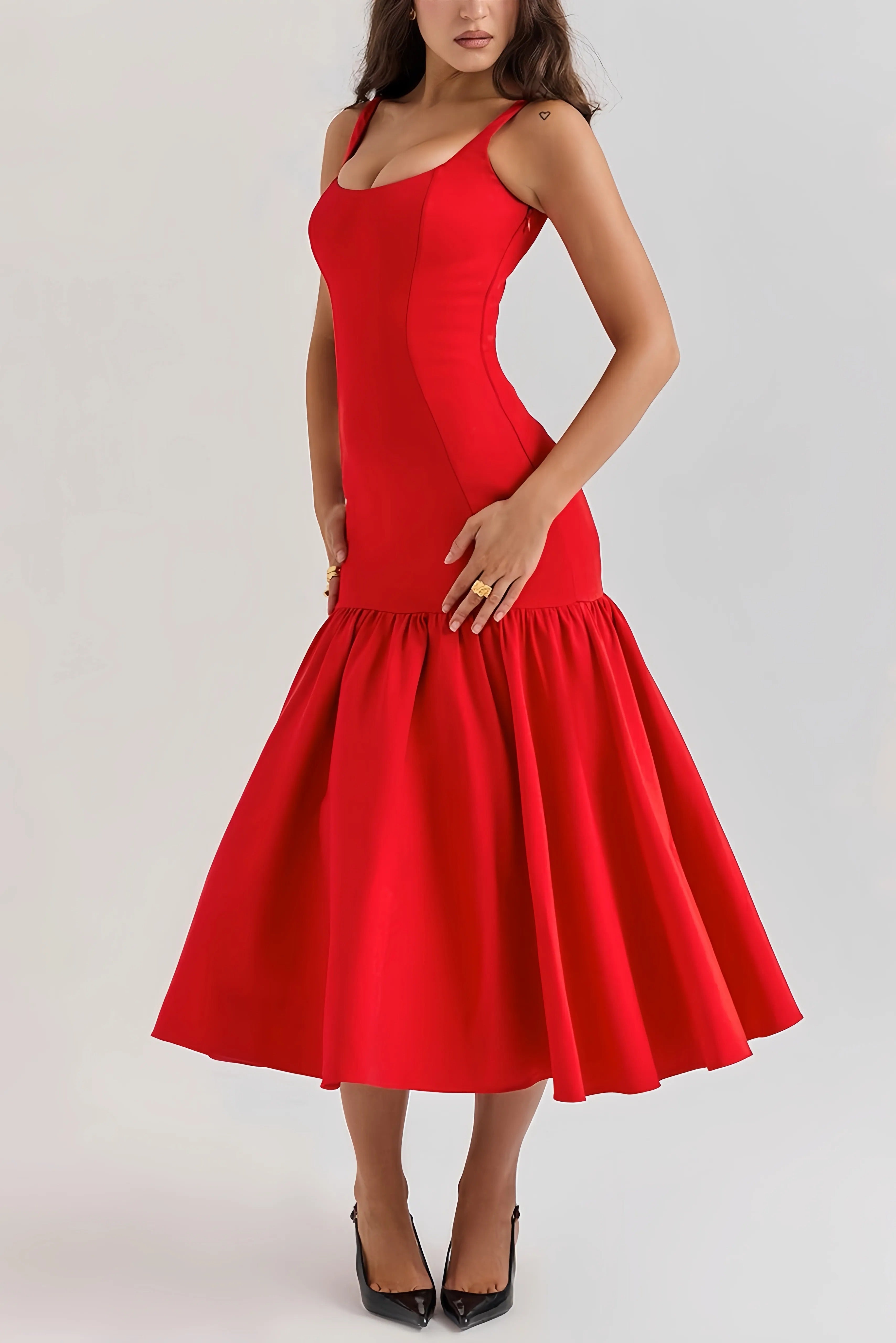 Eveline | Rode Midi Jurk Dames - Hoogwaardige Stof met Ruches, Elegant Jurkje