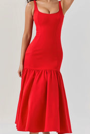 Eveline | Rode Midi Jurk Dames - Hoogwaardige Stof met Ruches, Elegant Jurkje