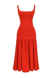 Eveline | Rode Midi Jurk Dames - Hoogwaardige Stof met Ruches, Elegant Jurkje