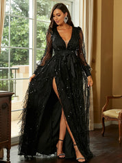 Emelene | Zwarte Pailletten Galajurk - Elegante Avondjurk, Maxi Dress Design