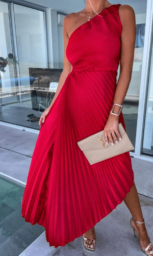 Jazmine | Dames jurk midi one shoulder plooien