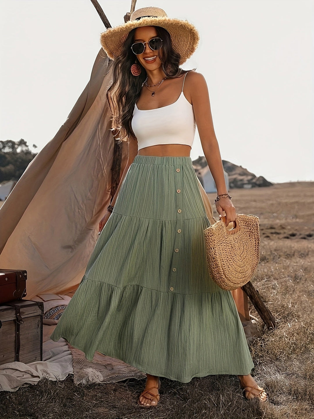 Elin | Dames maxi rok met knoopsluiting gelaagd ontwerp