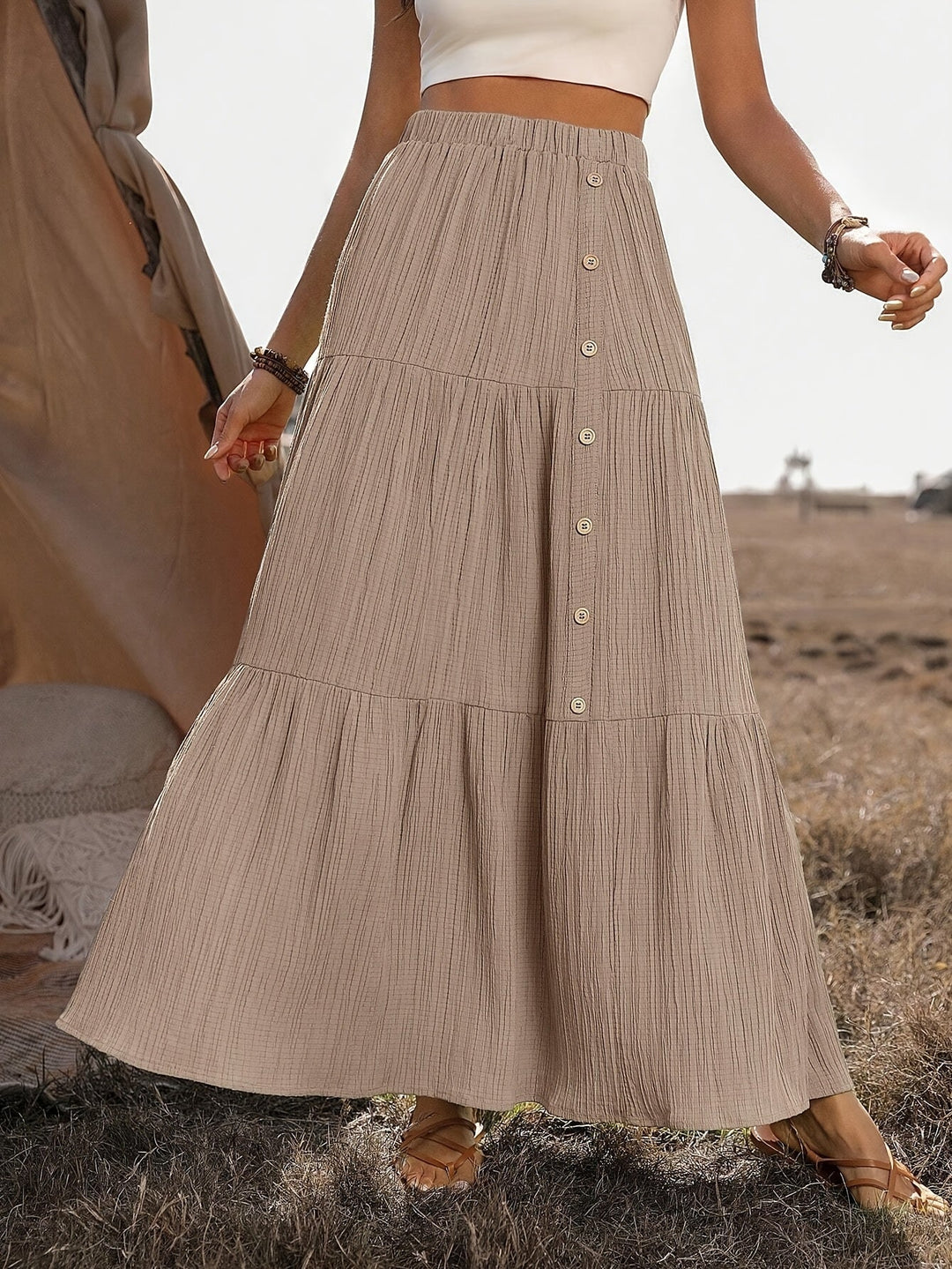 Elin | Dames maxi rok met knoopsluiting gelaagd ontwerp