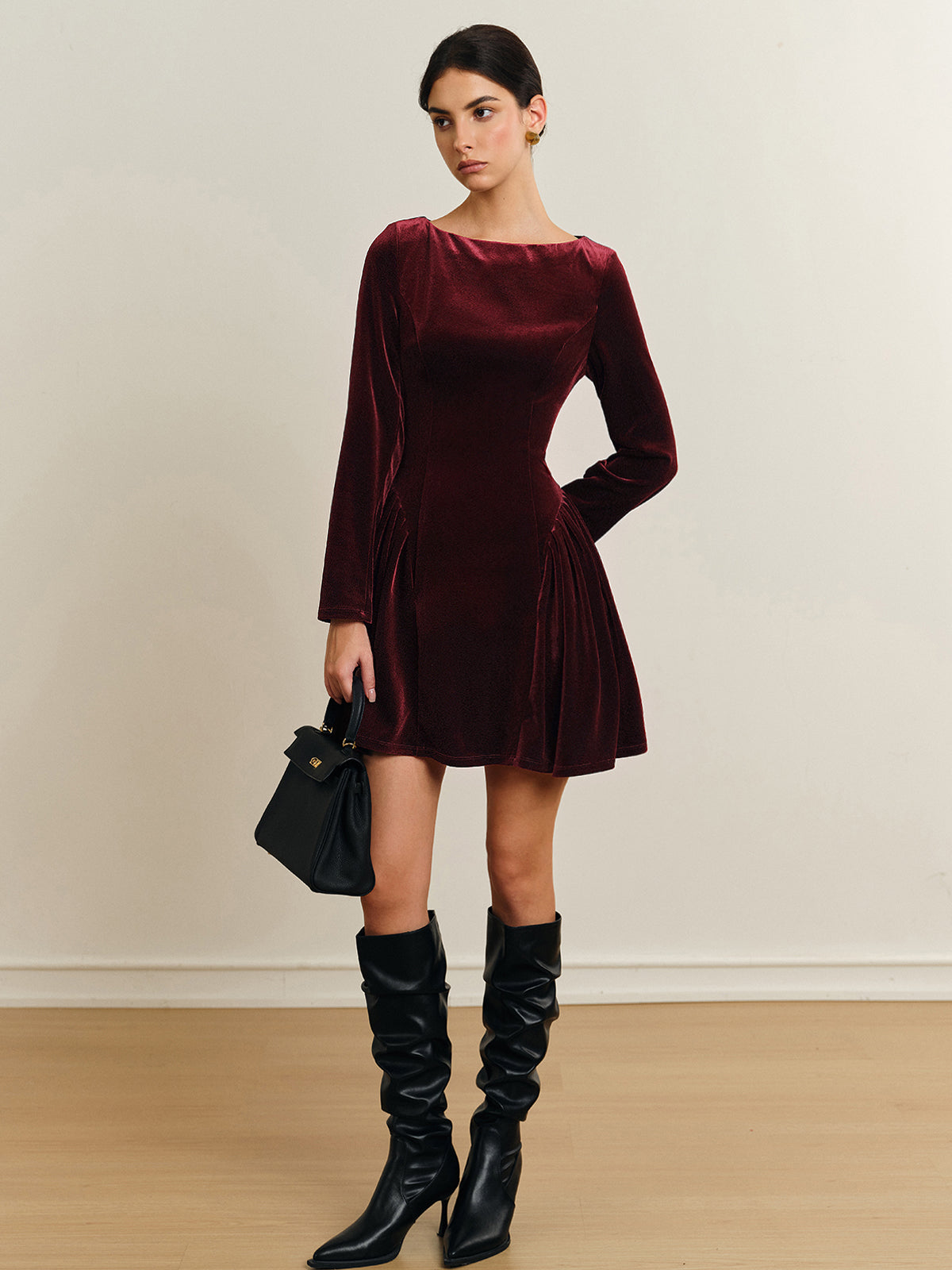 Florinda | Fluwelen Mini Jurk Dames - Geplooide Rok, Chique en Stijlvol