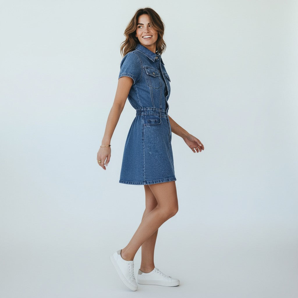 Gala | Trendy Mini Jurk van Spijkerstof voor Dames – Korte Mouwen & Knopen