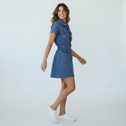 Gala | Trendy Mini Jurk van Spijkerstof voor Dames – Korte Mouwen & Knopen