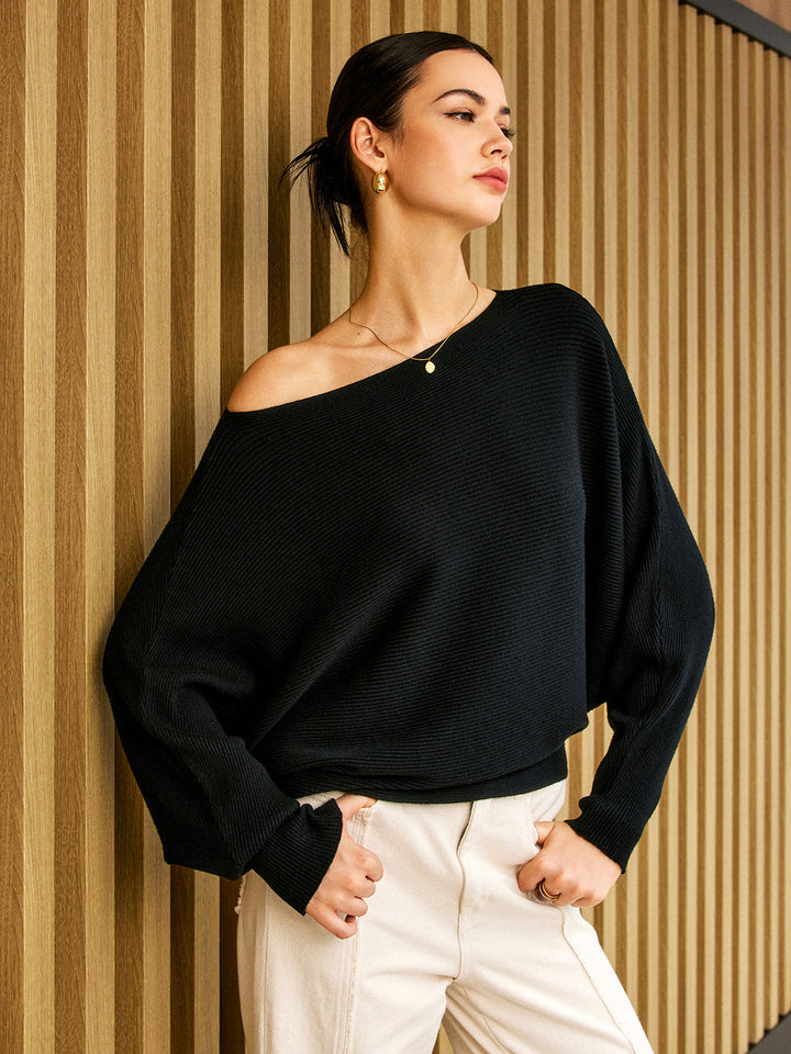 Cataleya | Dames trui met asymmetrische hals en ribstructuur