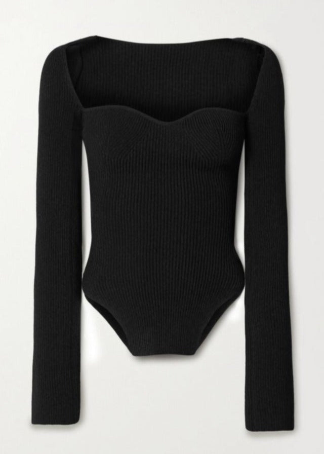 Joy-Ann | Zwarte Gebreide Body Top met Vierkante Hals