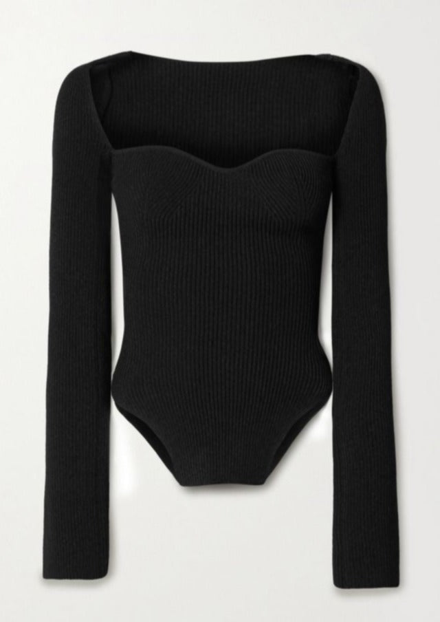 Joy-Ann | Zwarte Gebreide Body Top met Vierkante Hals