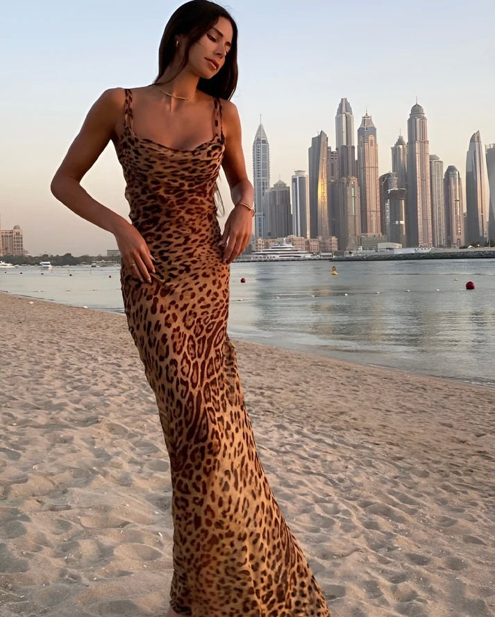 Bente | Dames jurk maxi luipaard print spaghettibandjes