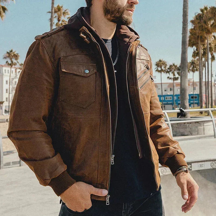Heren Leren Hooded Casual Zip-Up Jas