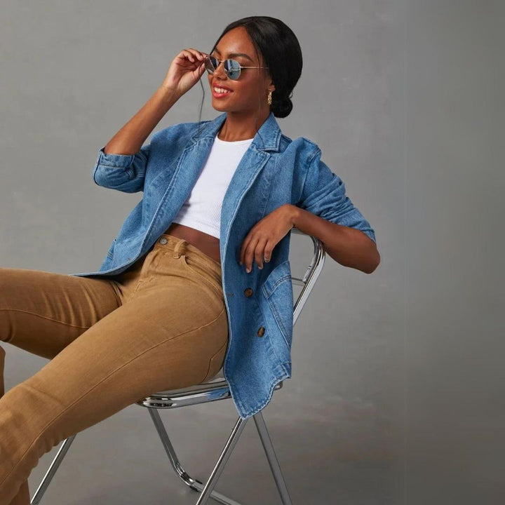 Mya | Dames denim blazerjas met knoopsluiting en zakken