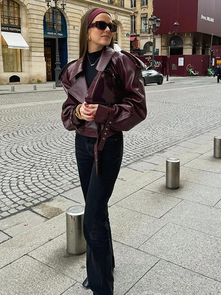 Eren | Dames Leren Jas met Tailleriem en Schouderdetails