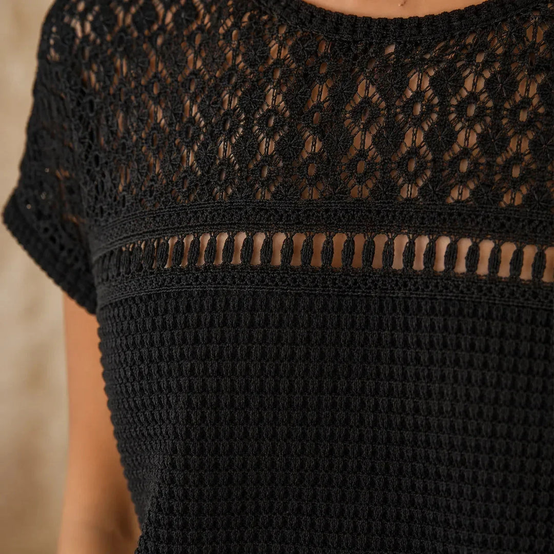 Wearbella – Open Gebreide Korte Mouwen Top, Wafeltextuur Lente Zomer Blouse voor Vrouwen